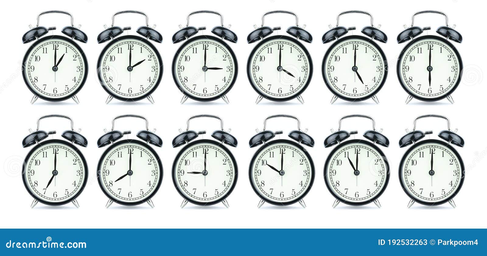 black retro alarm clock set from 1-12 oÃ¢â¬â¢clock   and white background